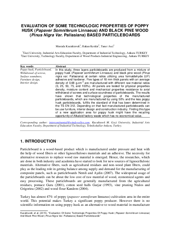 (PDF) EVALUATION OF SOME TECHNOLOGIC PROPERTIES OF POPPY HUSK ( Papaver ...