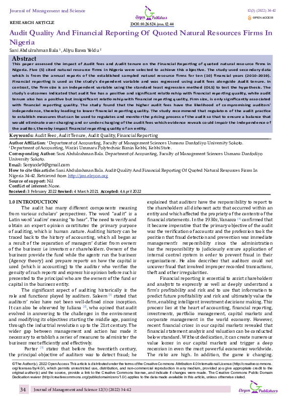 (PDF) Audit Quality And Financial Reporting Of Quoted Natural Resources ...