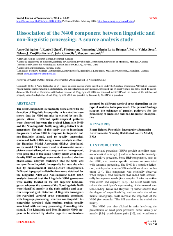 (PDF) Dissociation of the N400 component between linguistic and non ...
