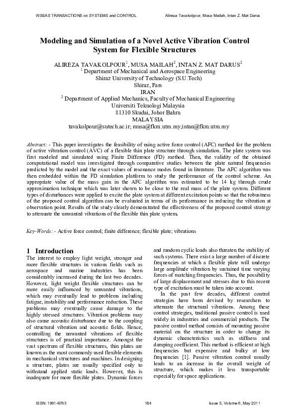 (PDF) Modeling and Simulation of an Active Vibration Control System for ...
