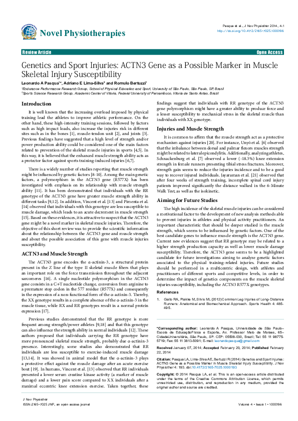 (PDF) Genetics and Sport Injuries: ACTN3 Gene as a Possible Marker in ...
