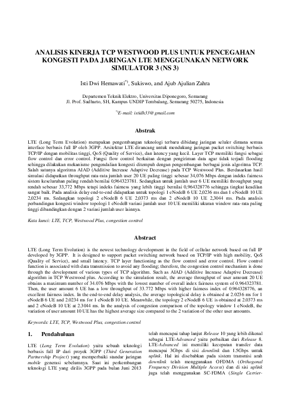 (PDF) Analisis Kinerja TCP Westwood Plus Untuk Pencegahan Kongesti Pada ...