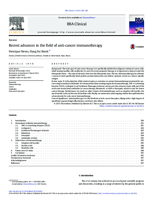 (PDF) Recent advances in the field of anti-cancer immunotherapy