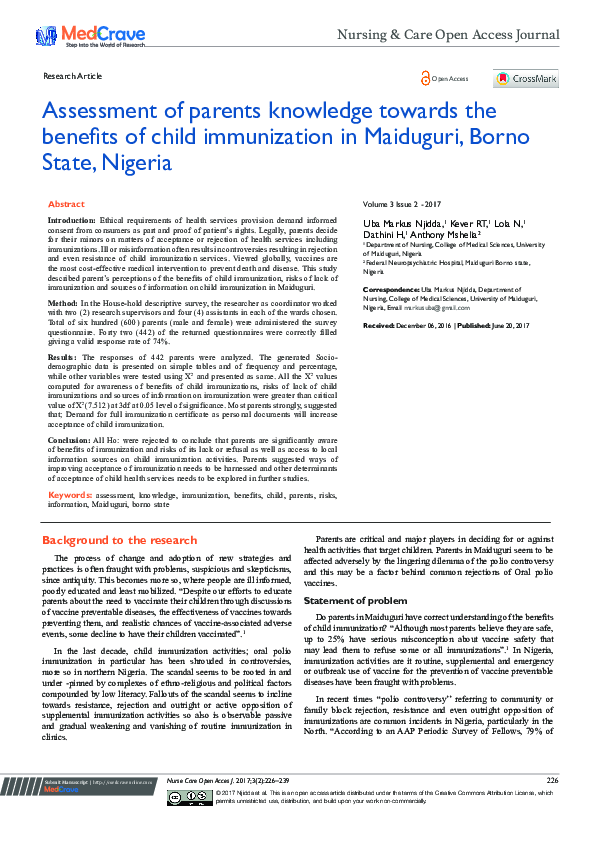 (PDF) Assessment of Parents Knowledge towards the Benefits of Child ...