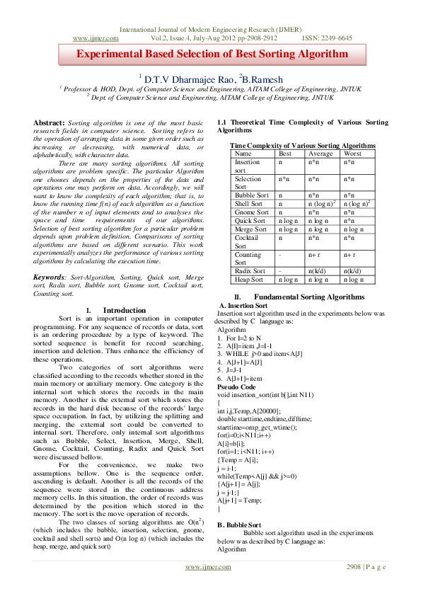 (PDF) Experimental Based Selection of Best Sorting Algorithm
