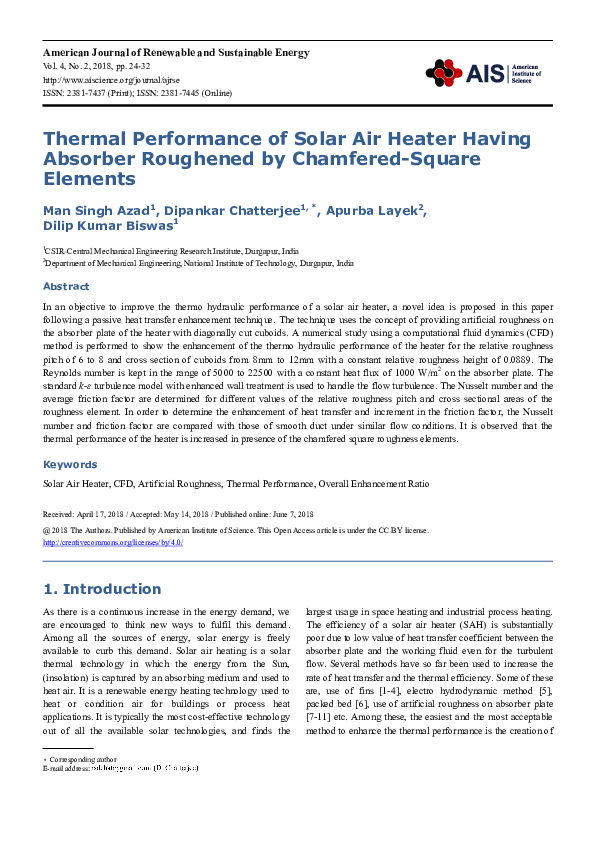 (PDF) Thermal Performance of Solar Air Heater Having Absorber Roughened ...