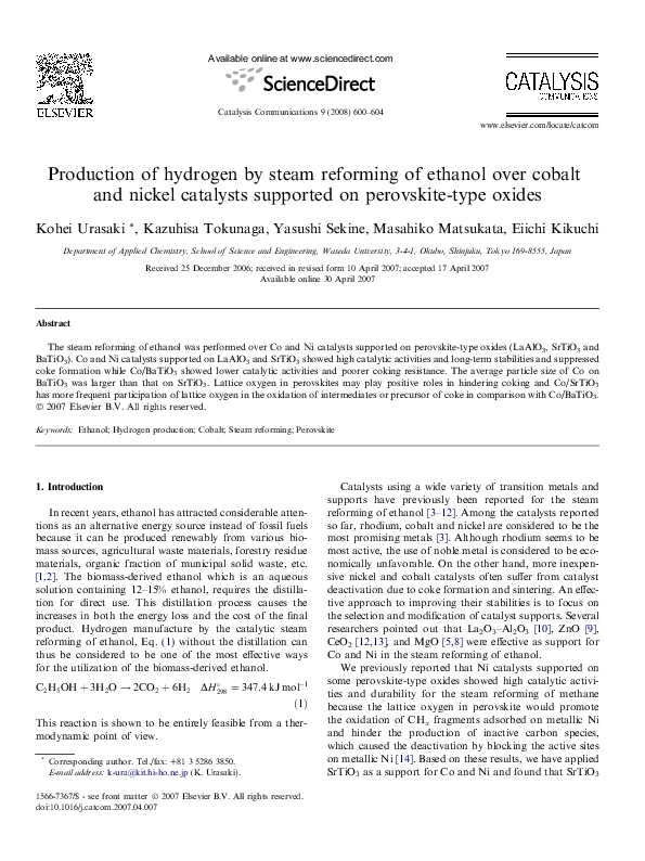 (PDF) Production of hydrogen by steam reforming of ethanol over Ni ...