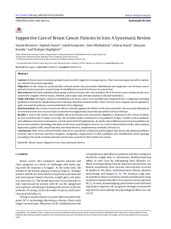 (PDF) Supportive Care of Breast Cancer Patients in Iran: A Systematic ...