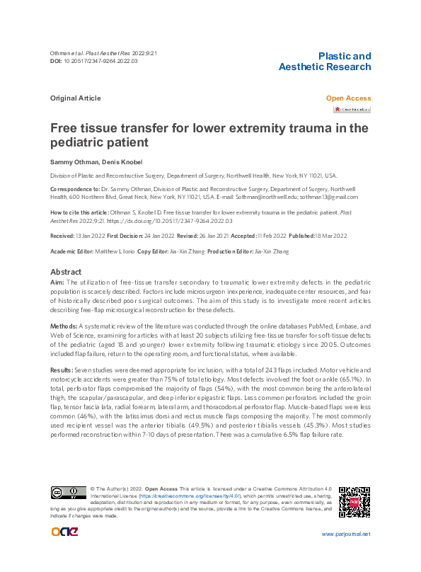 (PDF) Free tissue transfer for lower extremity trauma in the pediatric ...