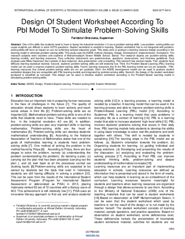 (PDF) Design Of Student Worksheet According To Pbl Model To Stimulate ...