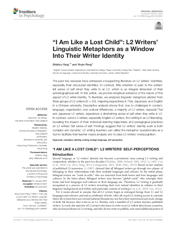 (PDF) “I Am Like a Lost Child”: L2 Writers' Linguistic Metaphors as a ...