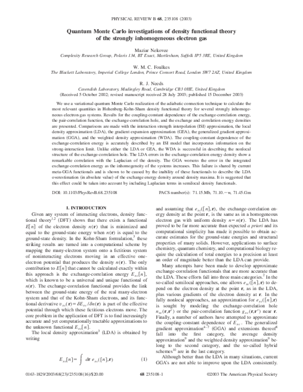 (PDF) Quantum Monte Carlo investigations of density functional theory ...