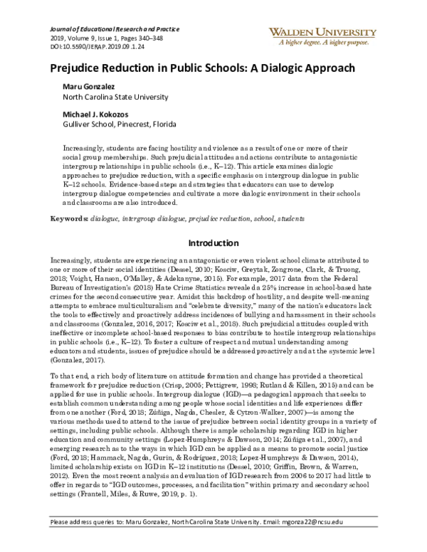 (PDF) Prejudice Reduction in Public Schools: A Dialogic Approach