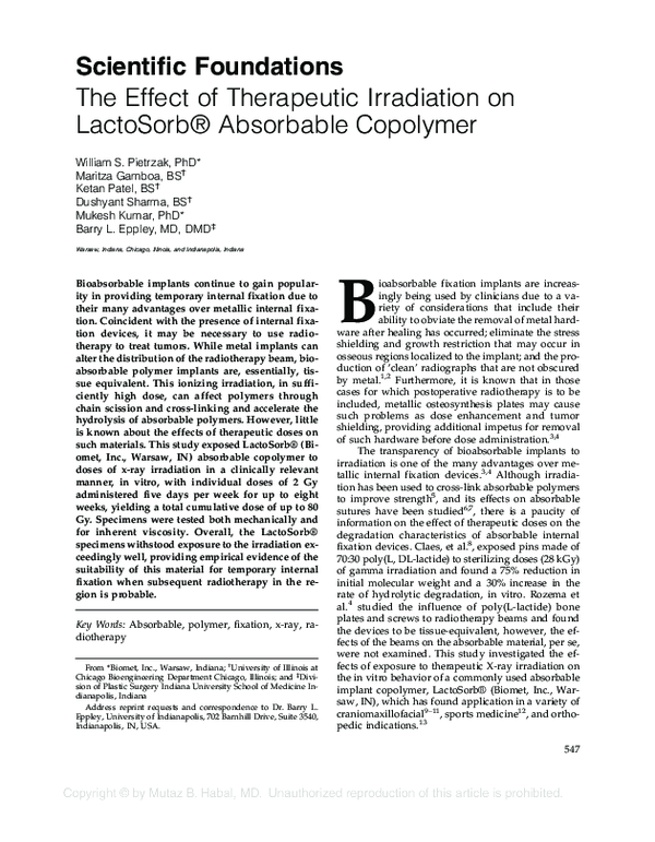(PDF) The Effect of Therapeutic Irradiation on LactoSorb® Absorbable ...