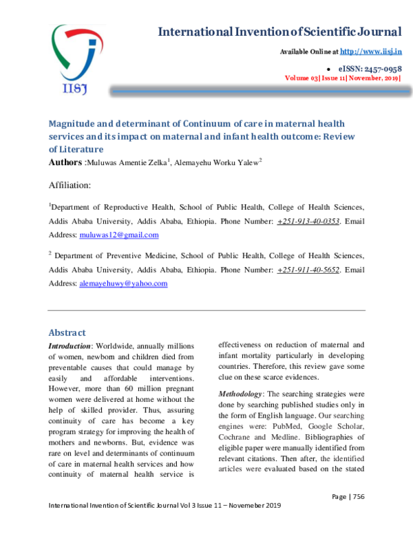 (PDF) Magnitude and determinant of Continuum of care in maternal health ...