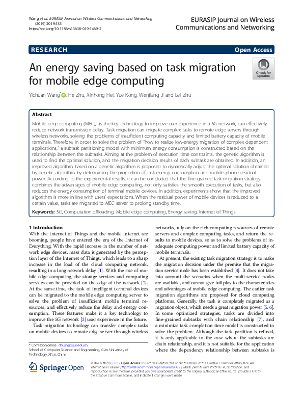 (PDF) An energy saving based on task migration for mobile edge computing