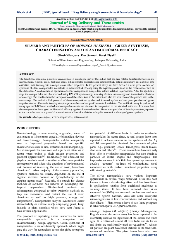(PDF) Silver Nanoparticles of Moringa Oleifera – Green Synthesis ...