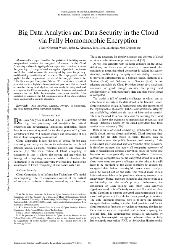 (PDF) Big Data Analytics And Data Security In The Cloud Via Fully ...