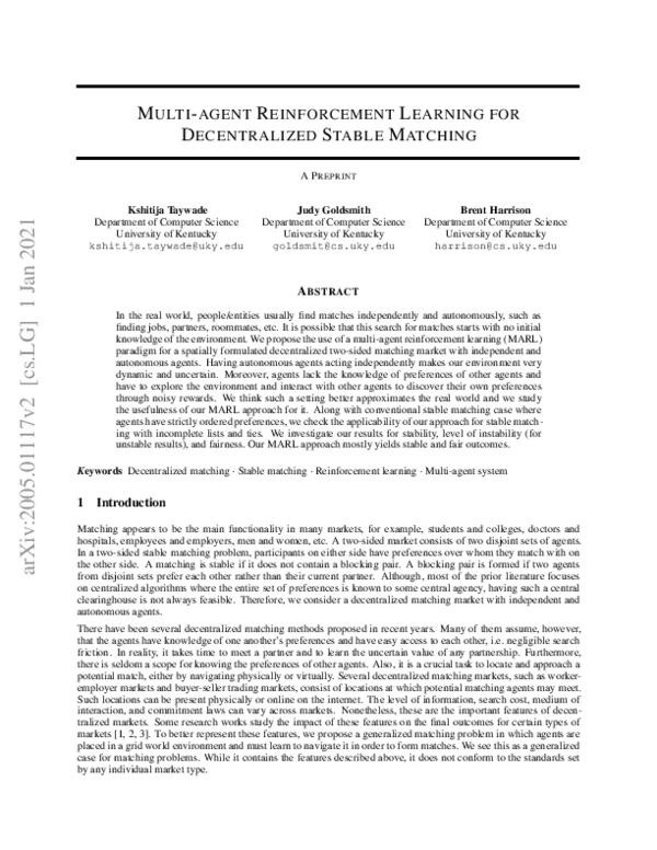 (PDF) Multi-agent Reinforcement Learning for Decentralized Stable Matching