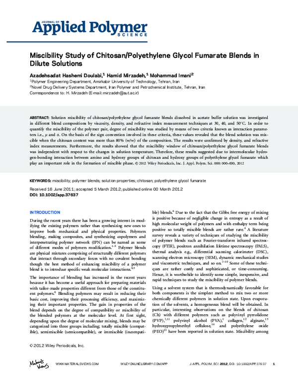(PDF) Miscibility study of chitosan/polyethylene glycol fumarate blends ...