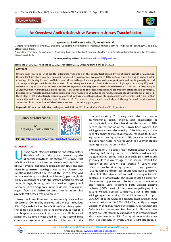 (PDF) An Overview: Antibiotic Sensitive Pattern in Urinary Tract Infection