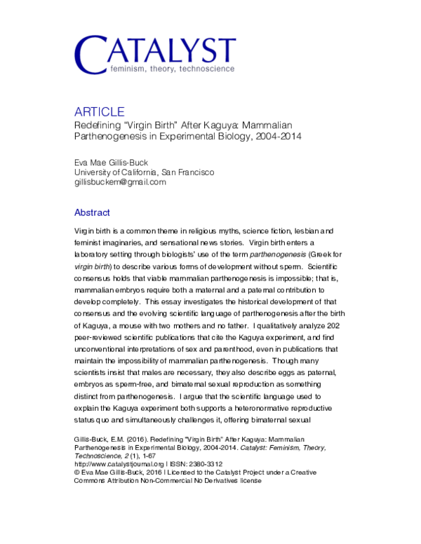 (PDF) Redefining ‘Virgin Birth’ After Kaguya: Mammalian Parthenogenesis ...
