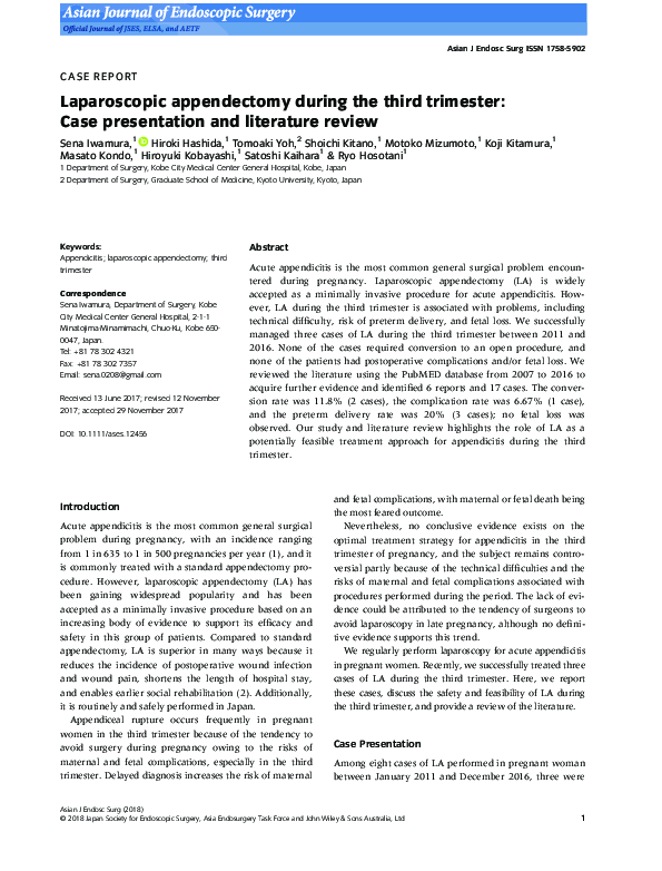 (PDF) Laparoscopic appendectomy during the third trimester Case