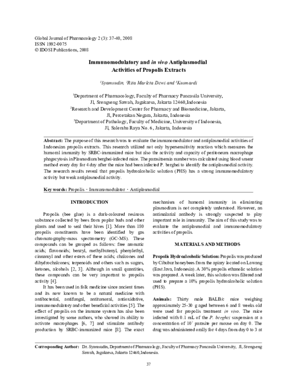 (PDF) Immunomodulatory and In vivo Antiplasmodial Activities of ...