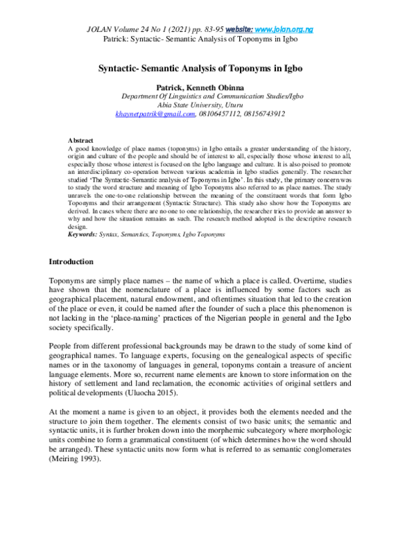(PDF) Syntactic-Semantic Analysis of Toponyms in Igbo