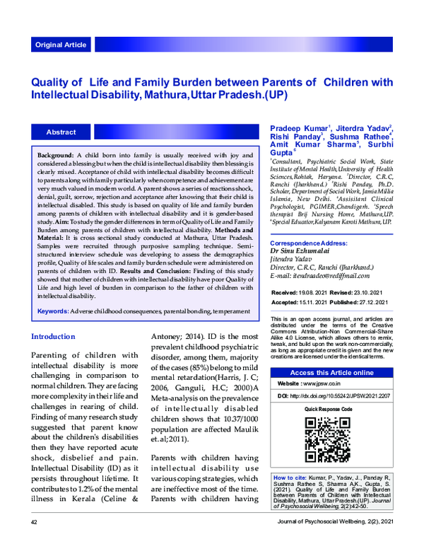(PDF) Quality of Life and Family Burden between Parents of Children ...