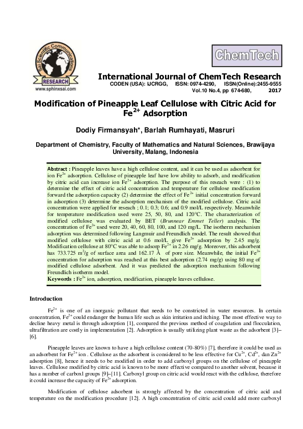 Pdf Modification Of Pineapple Leaf Cellulose With Citric Acid For Fe