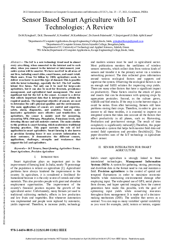 (PDF) Sensor Based Smart Agriculture with IoT Technologies: A Review