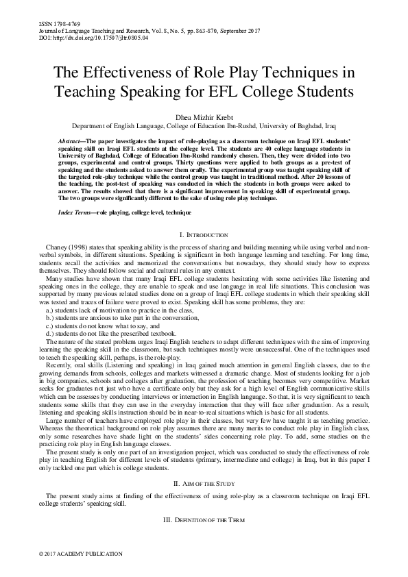 (PDF) The Effectiveness of Role Play Techniques in Teaching Speaking ...
