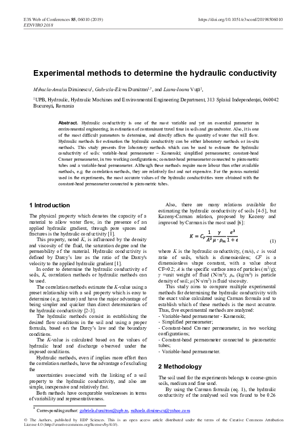 (PDF) Experimental methods to determine the hydraulic conductivity