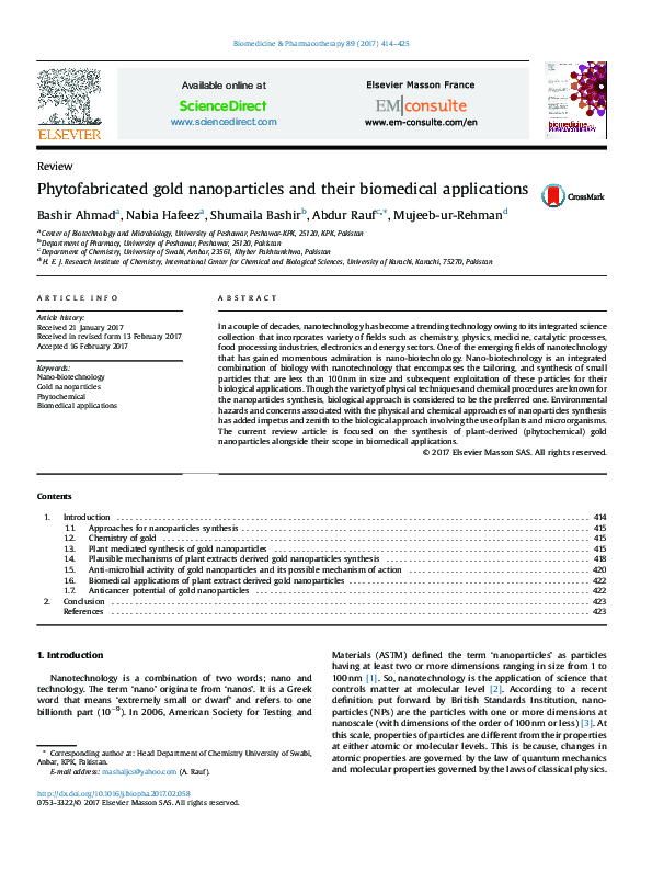 (PDF) Phytofabricated gold nanoparticles and their biomedical applications