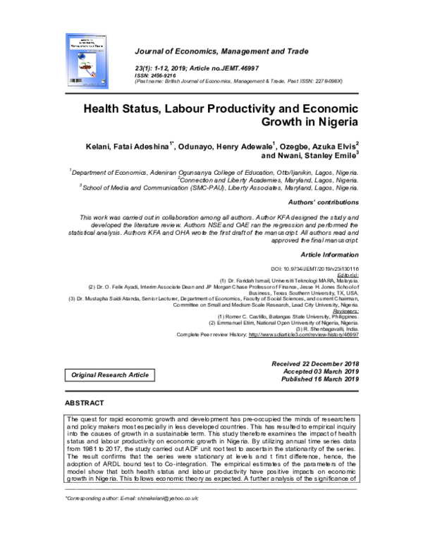 (PDF) Health Status, Labour Productivity and Economic Growth in Nigeria