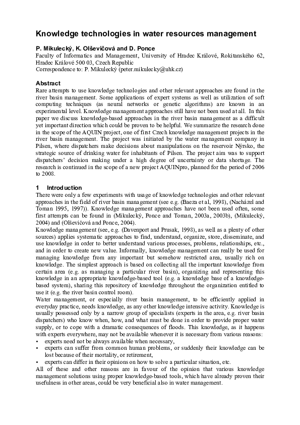 (PDF) Knowledge Technologies in Water Resources Management