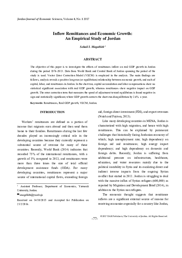(PDF) Inflow Remittances And Economic Growth : An Empirical Study Of Jordan