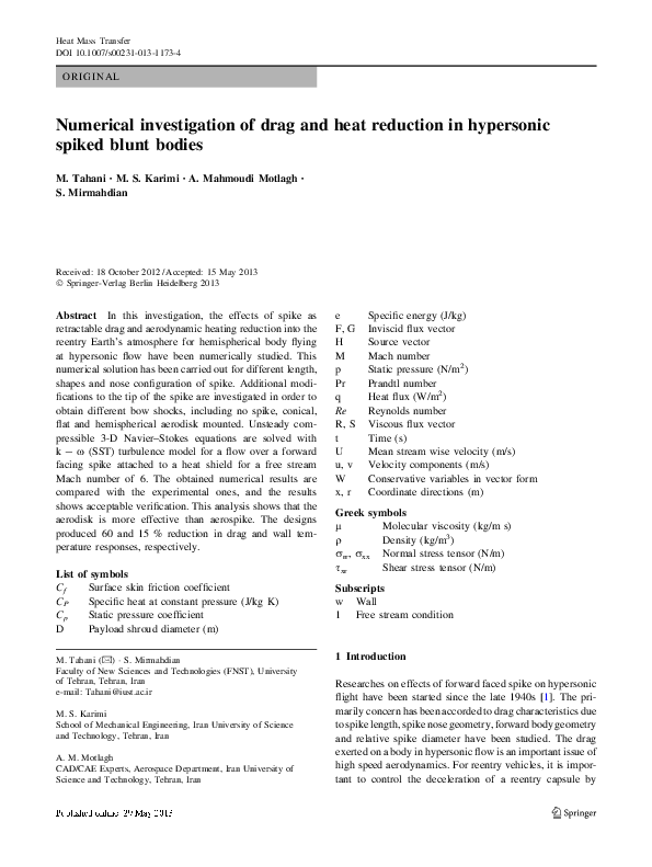 (PDF) Numerical investigation of drag and heat reduction in hypersonic ...