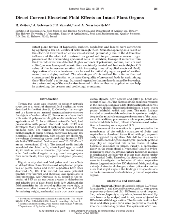 (PDF) Direct Current Electrical Field Effects on Intact Plant Organs