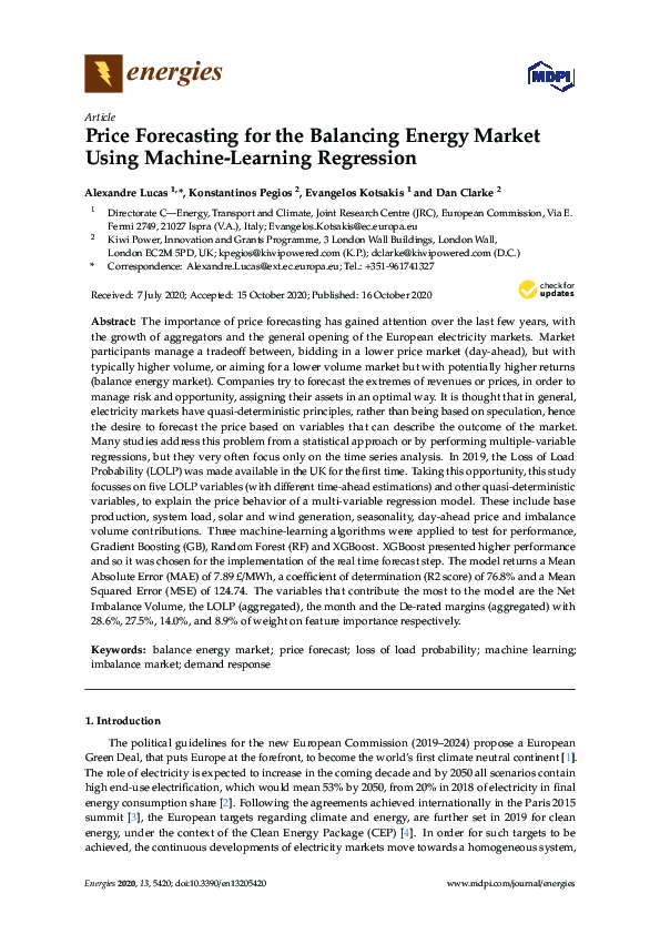 (PDF) Price Forecasting for the Balancing Energy Market Using Machine ...