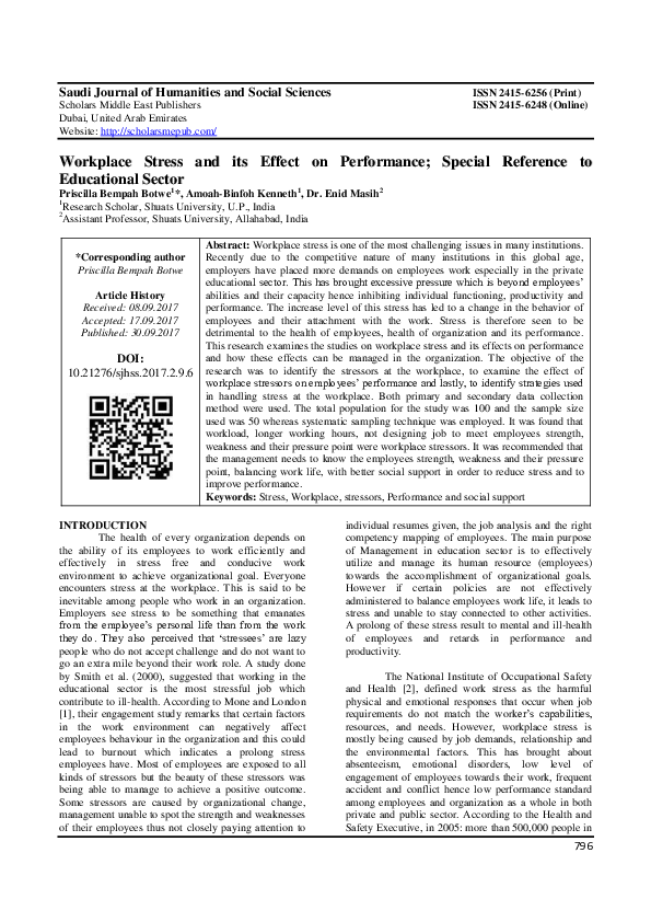 (PDF) Workplace Stress and its Effect on Performance; Special Reference ...