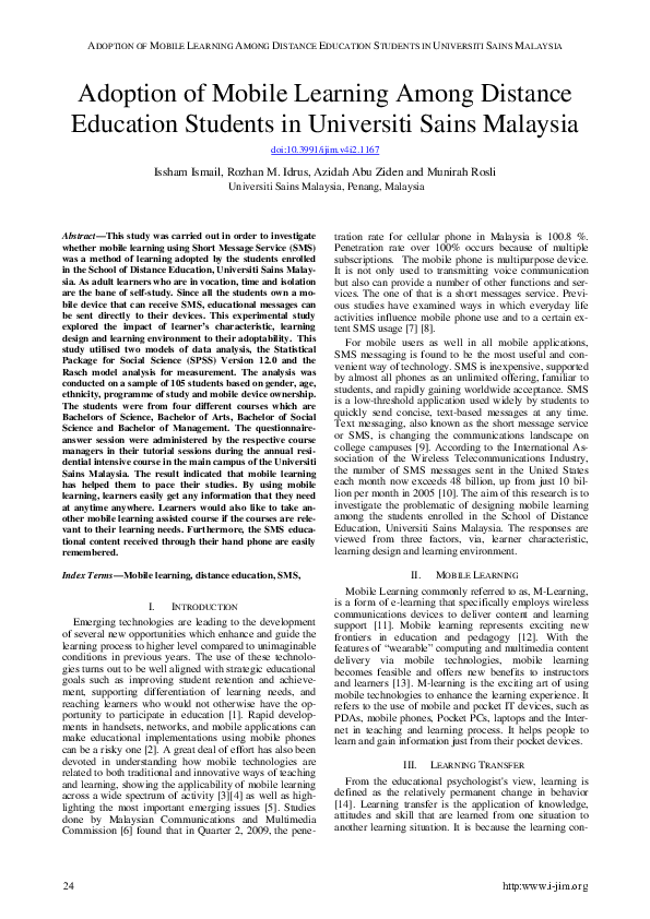 (PDF) Adoption of Mobile Learning Among Distance Education Students in ...