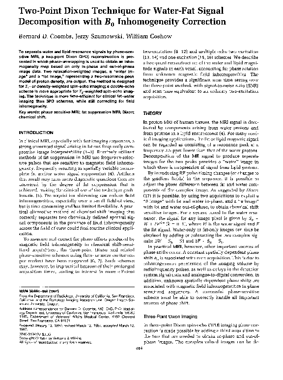 (PDF) Two-point Dixon technique for water-fat signal decomposition ...