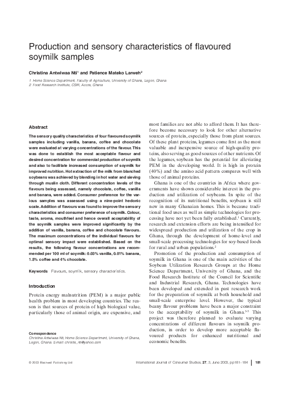 (PDF) Production and sensory characteristics of flavoured soymilk samples