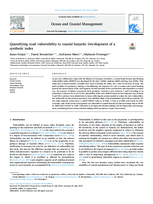 (PDF) Quantifying road vulnerability to coastal hazards: Development of ...