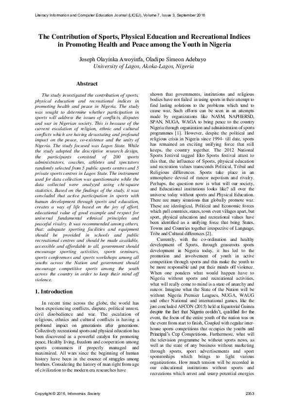 (PDF) The Contribution of Sports, Physical Education and Recreational ...