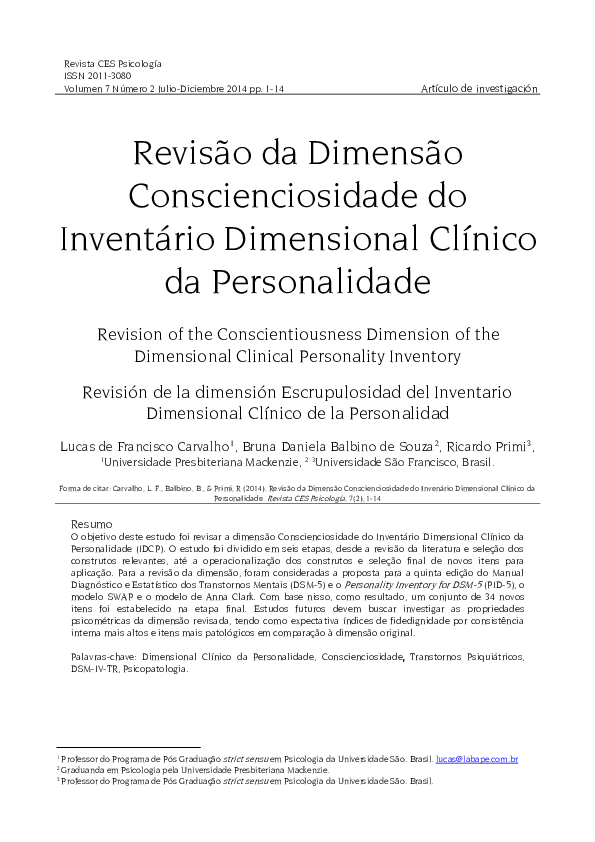 (PDF) REVISÃO DA DIMENSÃO CONSCIENCIOSIDADE DO INVENTÁRIO DIMENSIONAL ...