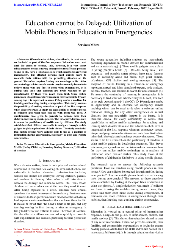 (PDF) Education cannot be Delayed: Utilization of Mobile Phones in ...