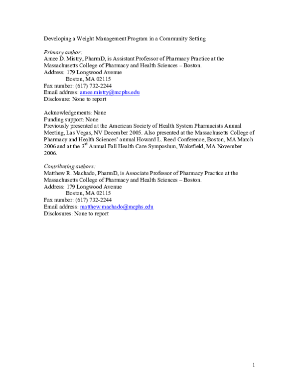 (PDF) Developing a Weight Management Program in a Community Setting